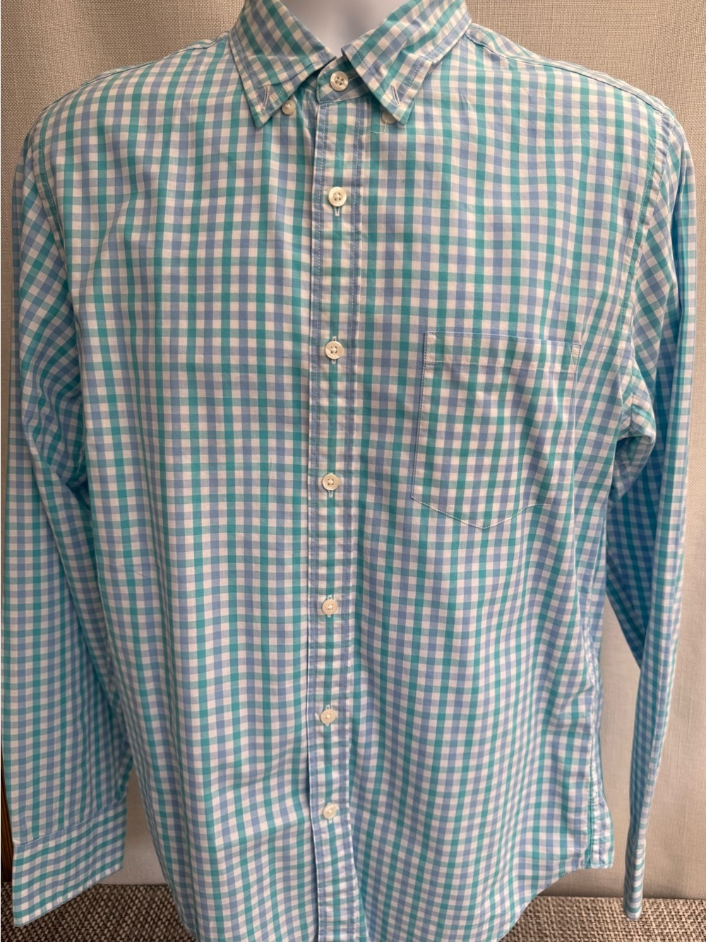 J. Crew Aqua and White Gingham Button-Down Shirt